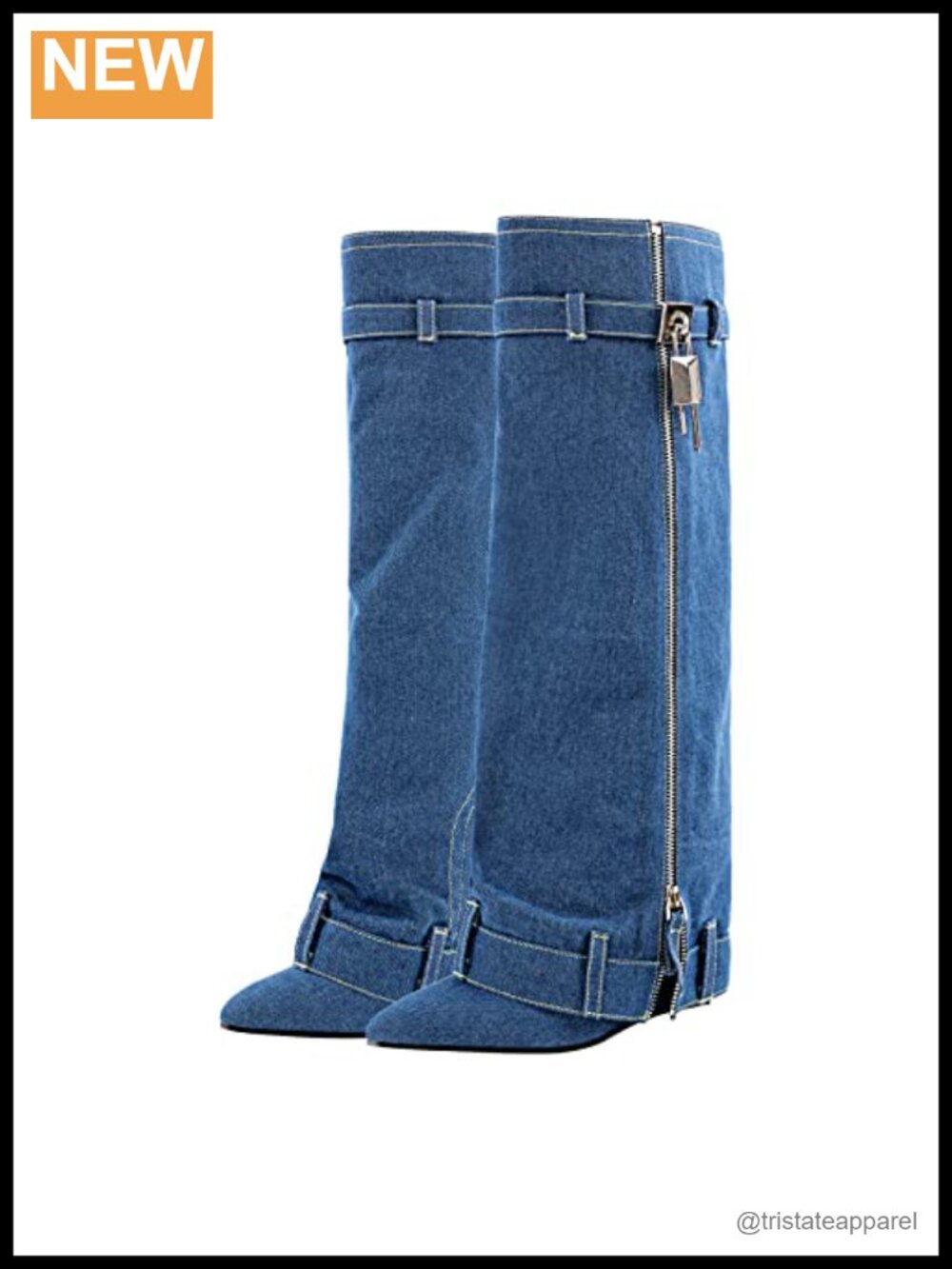 Denim Fold Over Knee High Boots Pointed Toe Zipper Wedge Heel